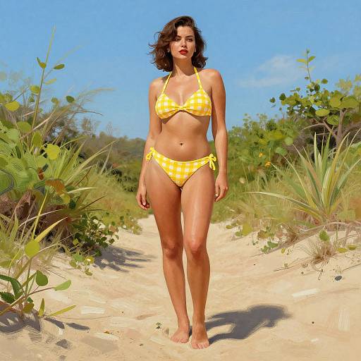 Photograph of a curvy woman with tan skin and dark curly hair, wearing a yellow checkered bikini, walking on a sandy beach path with green