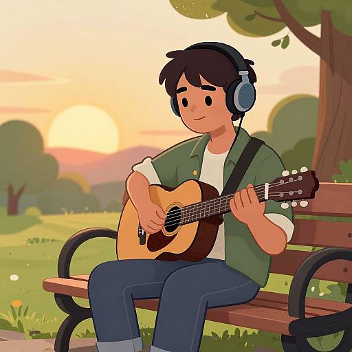 Cartoon-style drawing of a young man with black hair, headphones, green shirt, white tee, blue jeans, playing an acoustic guitar on a park
