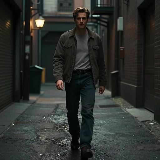 Photograph of a serious, dark-haired man in a gray shirt and brown jacket, walking down a dimly lit, wet urban alley at night,