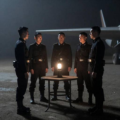 Five Soldiers Standing Around Lantern at Night