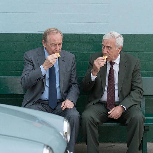 Two Older Men Enjoying Snacks on a Bench
