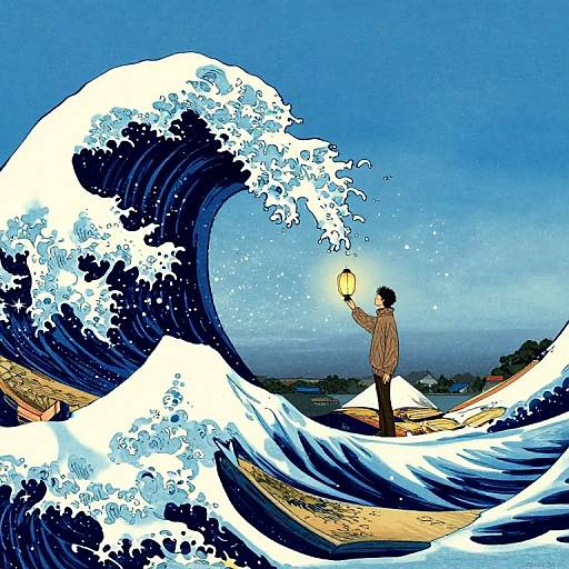 Digital artwork of a man holding a lantern, standing on a sandy shore with a large, towering blue wave behind him.