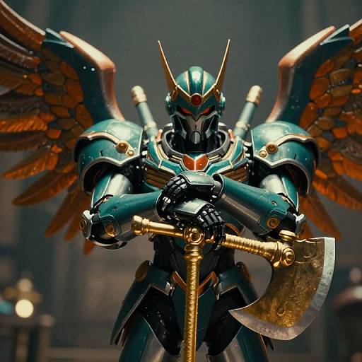 Digital art of a metallic, winged warrior with dark green armor, holding a large, gold-tipped axe, standing in a dimly lit,