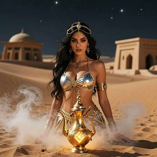 Digital artwork of a dark-haired woman in a metallic gold bikini and jewelry, standing in a desert with a glowing golden urn emitting smoke, starry night