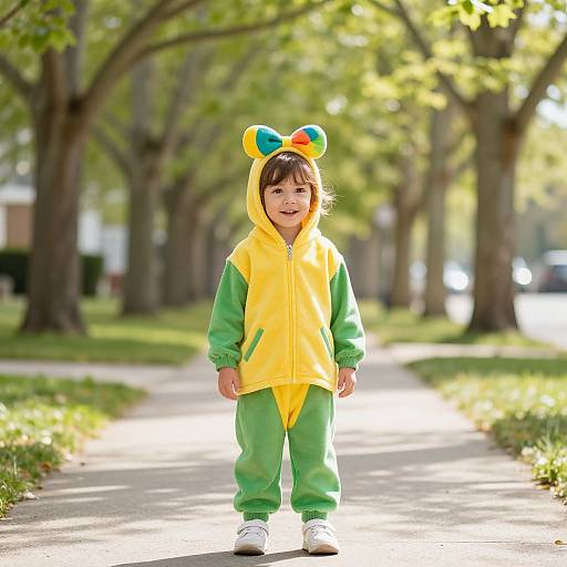 Photograph of a smiling young child in a yellow and green dinosaur onesie with colorful bow ears, standing on a sunny tree-lined path.