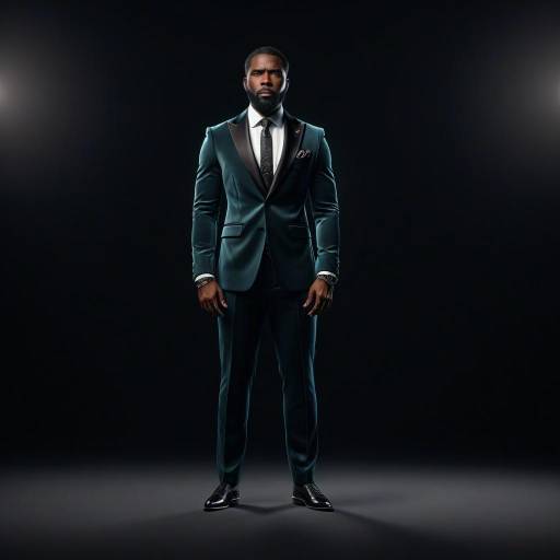 Photograph of a muscular Black man with short hair, wearing a sharp black suit, white shirt, black tie, and pocket square, standing confidently against