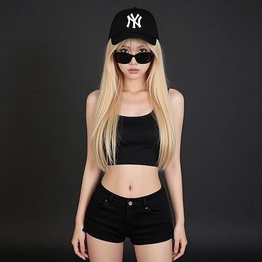 Photograph of a blonde woman with long hair, wearing a black NY cap, black tube top, black shorts, and sunglasses, against a dark background