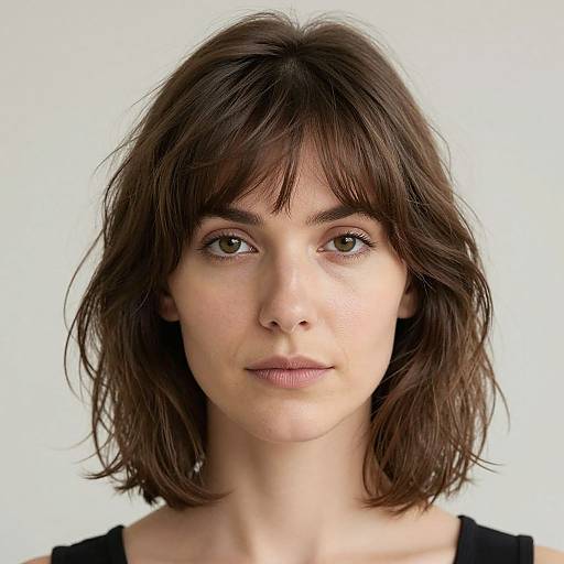 Photograph of a young woman with fair skin, brown shoulder-length wavy hair, and brown eyes, wearing a black top, against a plain white