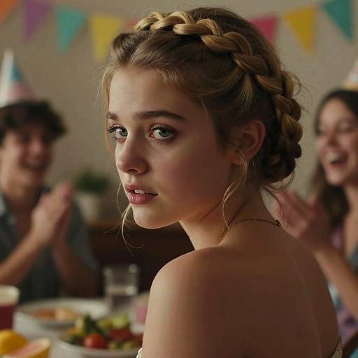 Photograph of a blonde woman with braided hair, fair skin, and blue eyes, looking over her shoulder at a blurred party background with colorful b