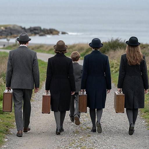 Five Vintage Travelers Walking by Sea