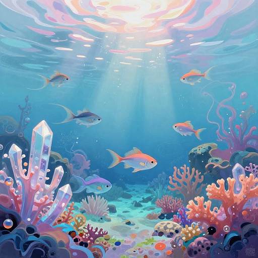 Vibrant underwater scene: colorful fish swim around a sunlit coral reef with glowing crystals and diverse corals, illuminated by rays of light. Digital