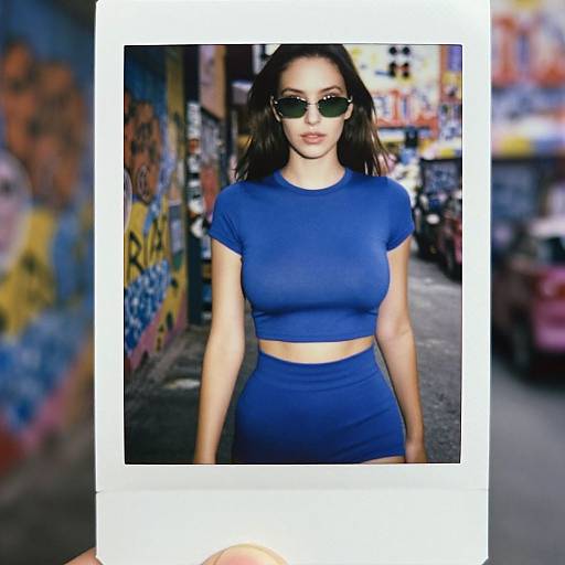 Photograph of a young woman with dark hair, wearing round sunglasses, a tight blue crop top, and matching skirt, standing in a colorful, graffiti