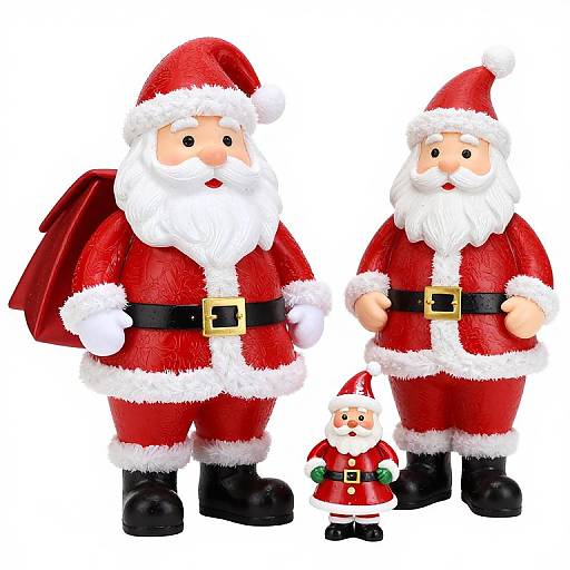 Photograph of three painted wooden Santa figurines: two large ones with black belts and hats, and a small one in front. Red and white Santa