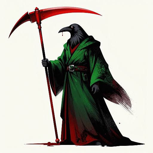 Digital illustration of a menacing black bird-headed figure in a green cloak, holding a large, red scythe, standing against a white background.