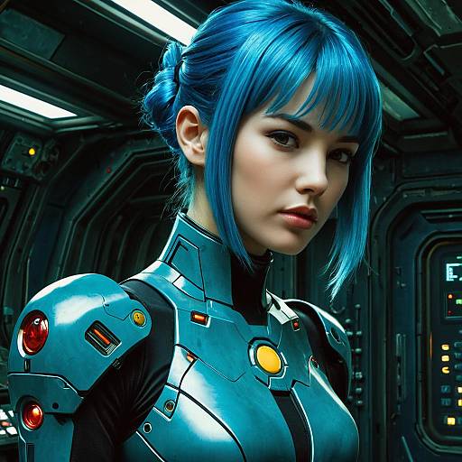 Lithe Cybernetic Android with Blue Hair in Sci-Fi Ship Interior