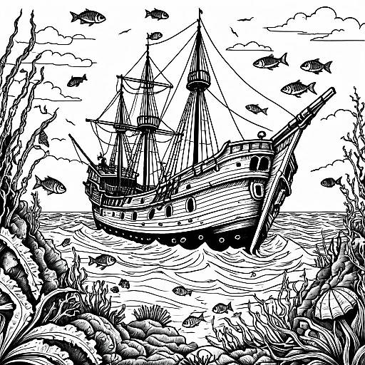 Detailed Sunken Pirate Ship Coloring Page