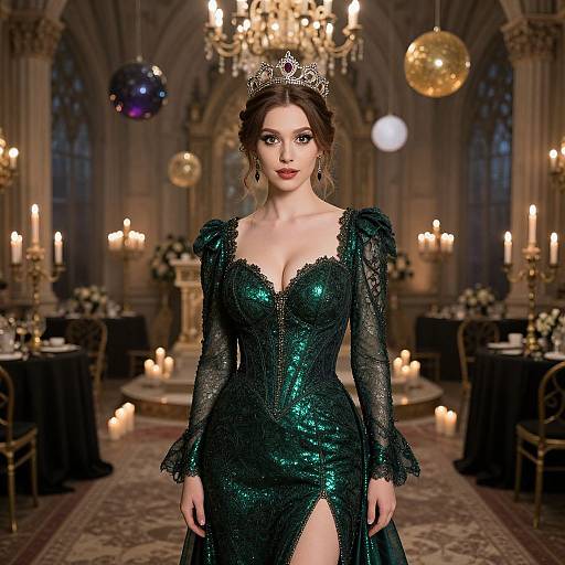 Photorealistic digital image of a fair-skinned woman with dark brown hair in a green sequin gown, tiara, standing in a dimly