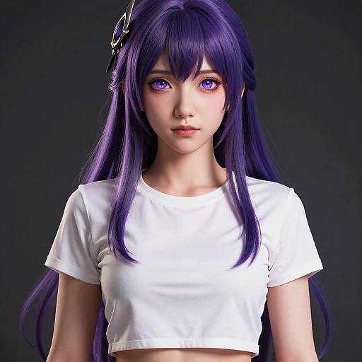 Digital portrait of a young woman with long, purple hair, wearing a white crop top, with vivid purple eyes, and a dark background.