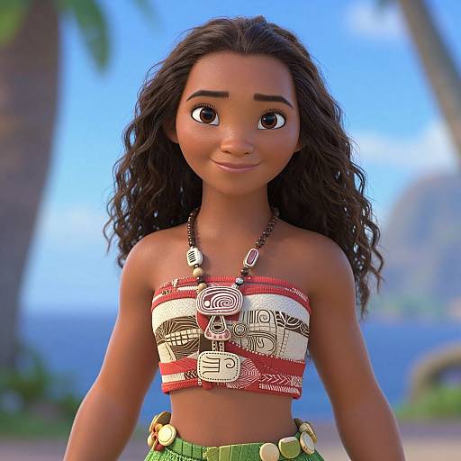 CGI image of a young woman with dark brown skin and wavy black hair, wearing a red and white striped crop top, green skirt with shells