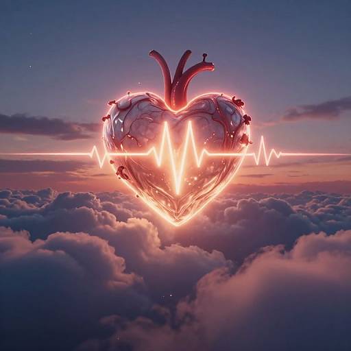 Digital artwork of a glowing, heart-shaped organ with red veins, floating above clouds at sunset, illuminated by a neon heartbeat line.