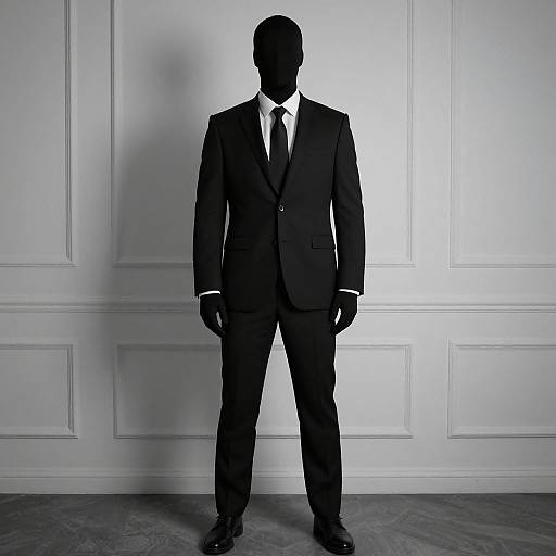Photograph of a shadowy man in a black suit, white shirt, and tie, standing against a white-paneled wall with wooden floor, in