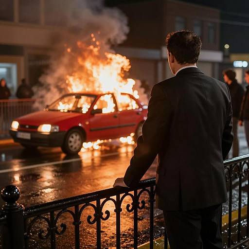 Nighttime Inferno: A Man and a Burning Car