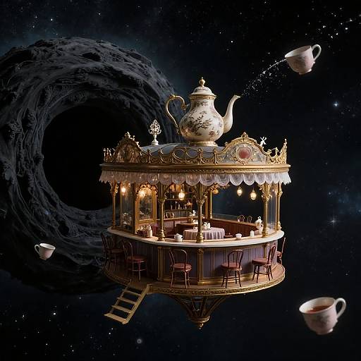 Whimsical digital artwork of a floating, ornate tea cart with golden trim, teapot spilling tea, surrounded by flying teacups in
