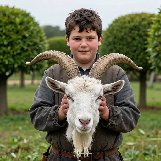 Dark Hair Boy with Lumberjack and Goat