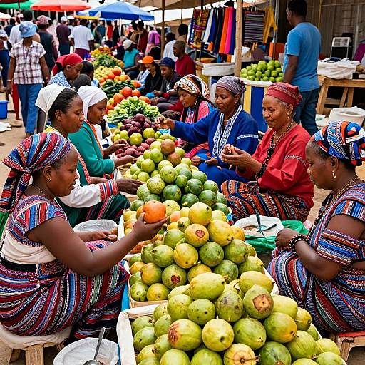 Photograph of vibrant African market: Six women in colorful, patterned dresses sell yellow-green coconuts, engaging with customers amid a bustling outdoor market