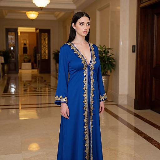 Photograph of a pale-skinned woman with long black hair in a deep blue, long-sleeved, embroidered robe standing in a luxurious, brightly