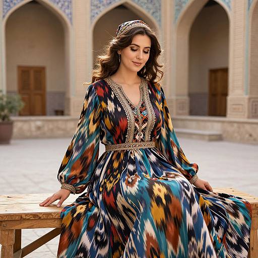 Photograph of a smiling woman with wavy brown hair, wearing a colorful, patterned dress with intricate embroidery, seated on a wooden bench in a