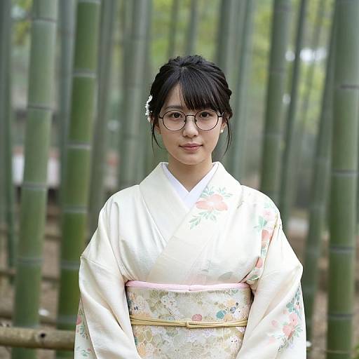 Photograph of an Asian woman with black hair in glasses, wearing a white floral kimono, standing in front of bamboo trees.