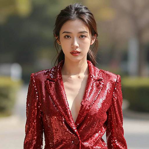 Young Asian Woman in Red Sequin Blazer