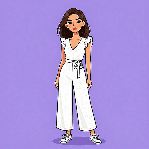Digital cartoon of a brown-haired woman in a white, V-neck romper with ruffled sleeves and white sneakers, standing against a purple background.