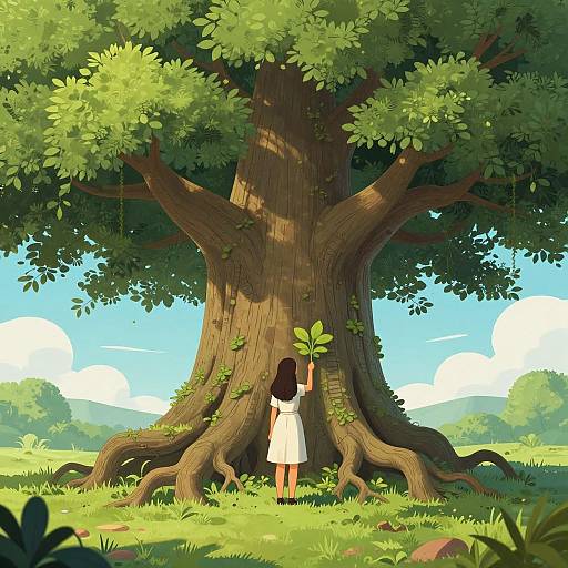 Digital illustration of a girl in a white dress, standing before a large, leafy tree with sunlit green grass and a bright blue sky background.