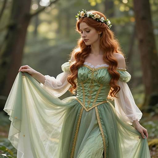 Fantasy Princess in Green Dress with Floral Crown