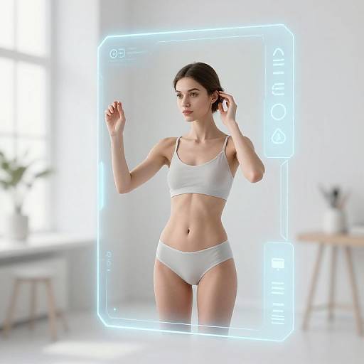 Digital rendering of a slender, fair-skinned woman with dark hair in white sports bra and panties, framed by a glowing blue holographic border, standing