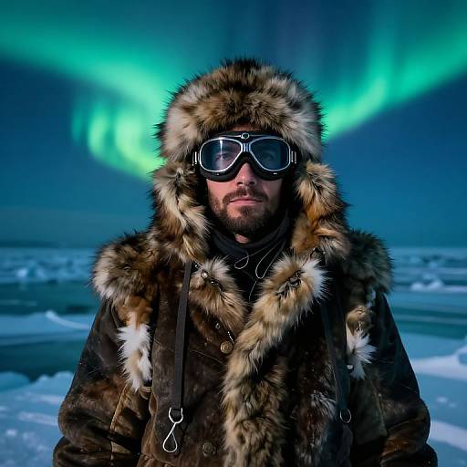 Photograph of a man in a fur-lined parka and ski goggles, standing in a snowy landscape with vibrant green Northern Lights in the background.