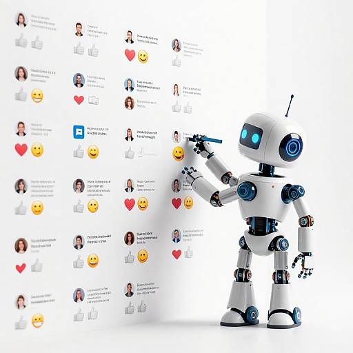 Digital illustration of a white, blue-accented robot pointing at a wall of social media posts with heart and smiley emojis.
