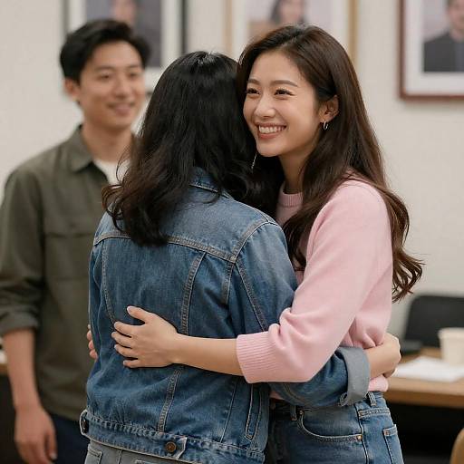 Two women hugging with smiling man in background