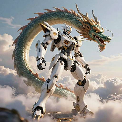 Digital artwork of a white, humanoid robot with black accents standing confidently in front of a large, green, dragon-like creature with red horns and a fierce