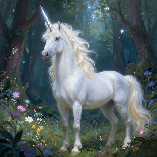 Digital painting of a radiant white unicorn with a glowing horn, standing in a magical, moonlit forest filled with colorful flowers and twinkling lights.
