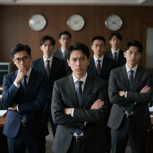 Thoughtful Men in Dimly Lit Office