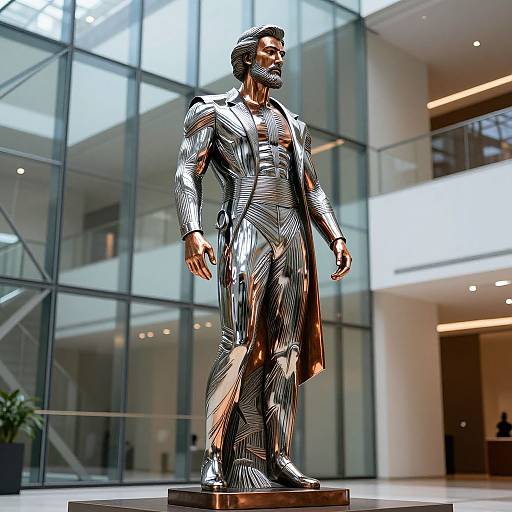 Photograph of a shiny, black-and-silver, abstract-patterned statue of a bearded man in a long coat, standing in a modern glass