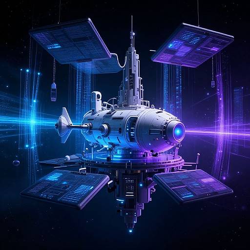 Digital CGI of a futuristic, glowing blue and purple space station with multiple solar panels, cylindrical main body, and neon lights in a dark, star-filled