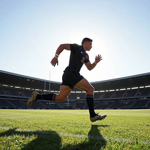 Photograph of a male rugby player in black uniform, mid-sprint on a sunlit grass field, with a large stadium backdrop.