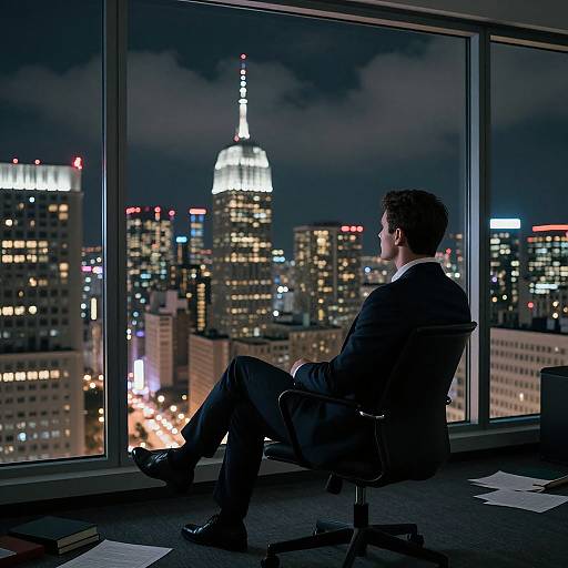 Photograph of a businessman in a dark suit, sitting in a high-rise office chair, gazing at a cityscape with the illuminated Empire State Building