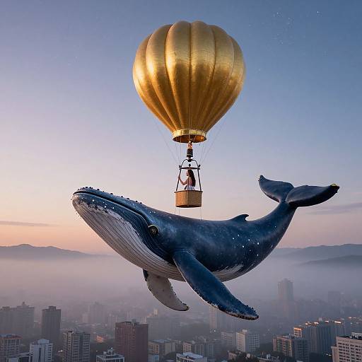 Photograph of a large blue whale with textured skin, flying above a cityscape with a golden hot air balloon carrying a person. Dawn sky with soft