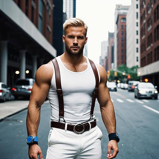 Muscular Man in White Sleeveless Shirt with Suspenders on Urban Street