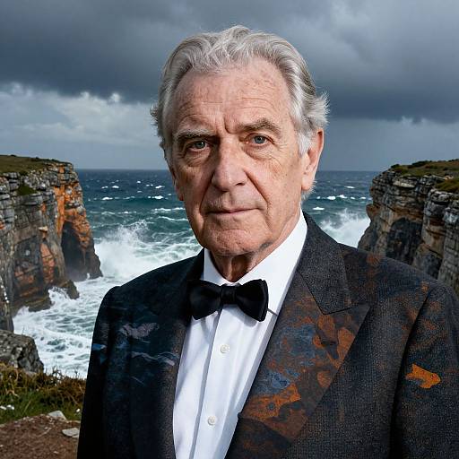 Photograph of an elderly man with gray hair, wearing a black patterned suit and bow tie, standing against a dramatic coastal landscape with cliffs and crashing